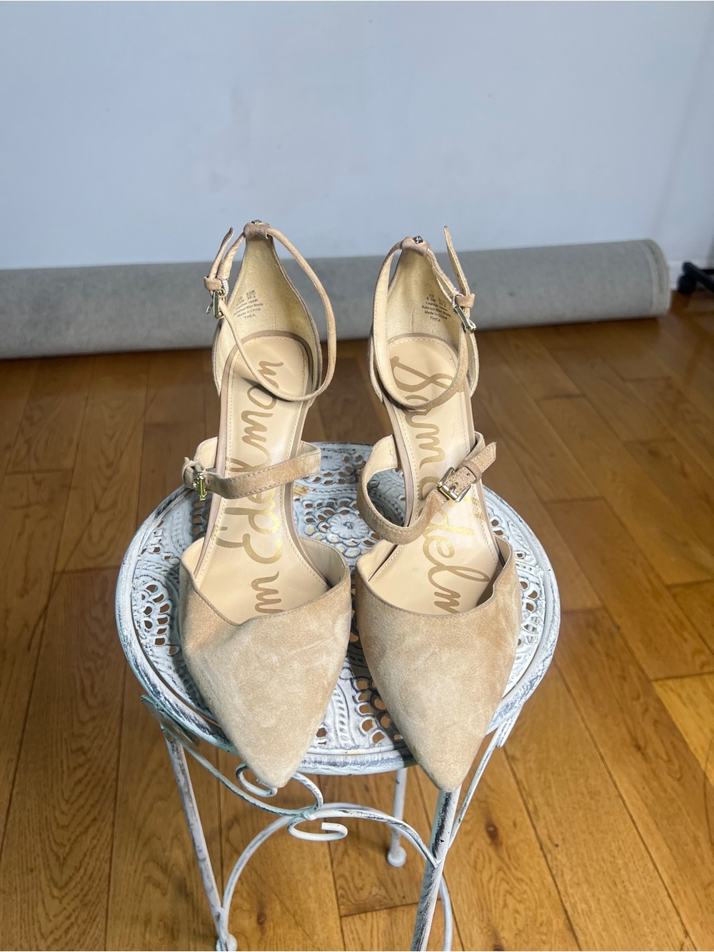 Sam Edelman Pointed Ankle-Strap Heels in Nude Suede